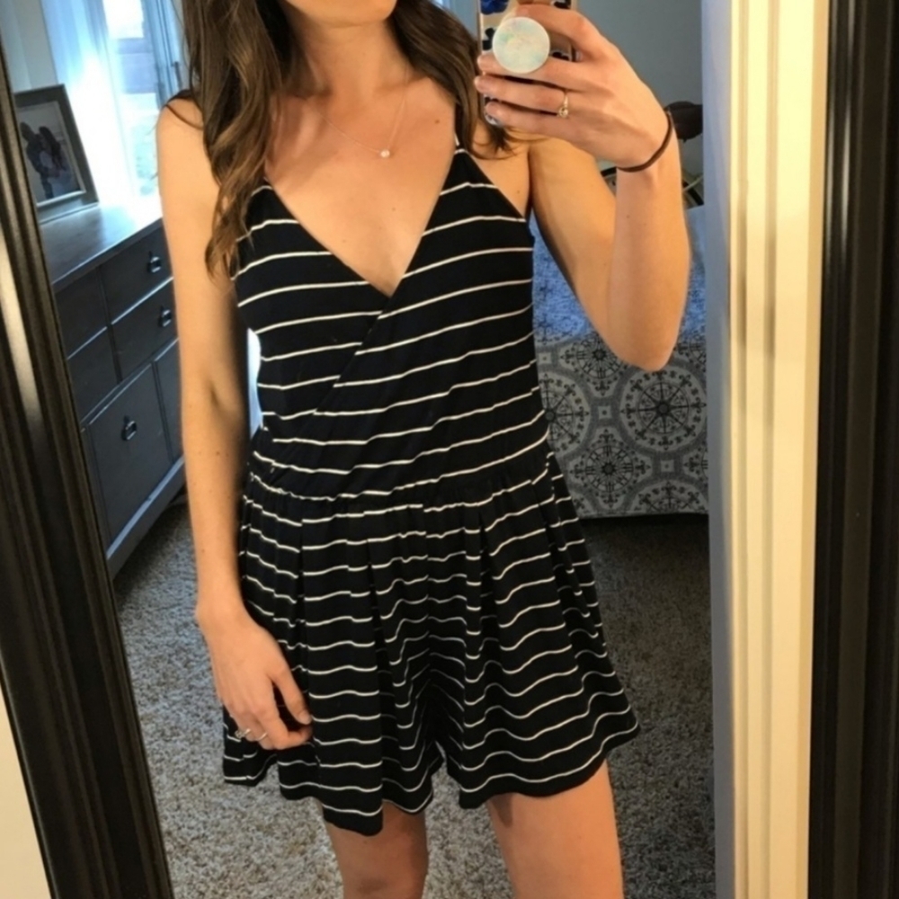 Topshop Navy White Striped Romper Women's Size 2 Spaghetti Straps Coastal Cute